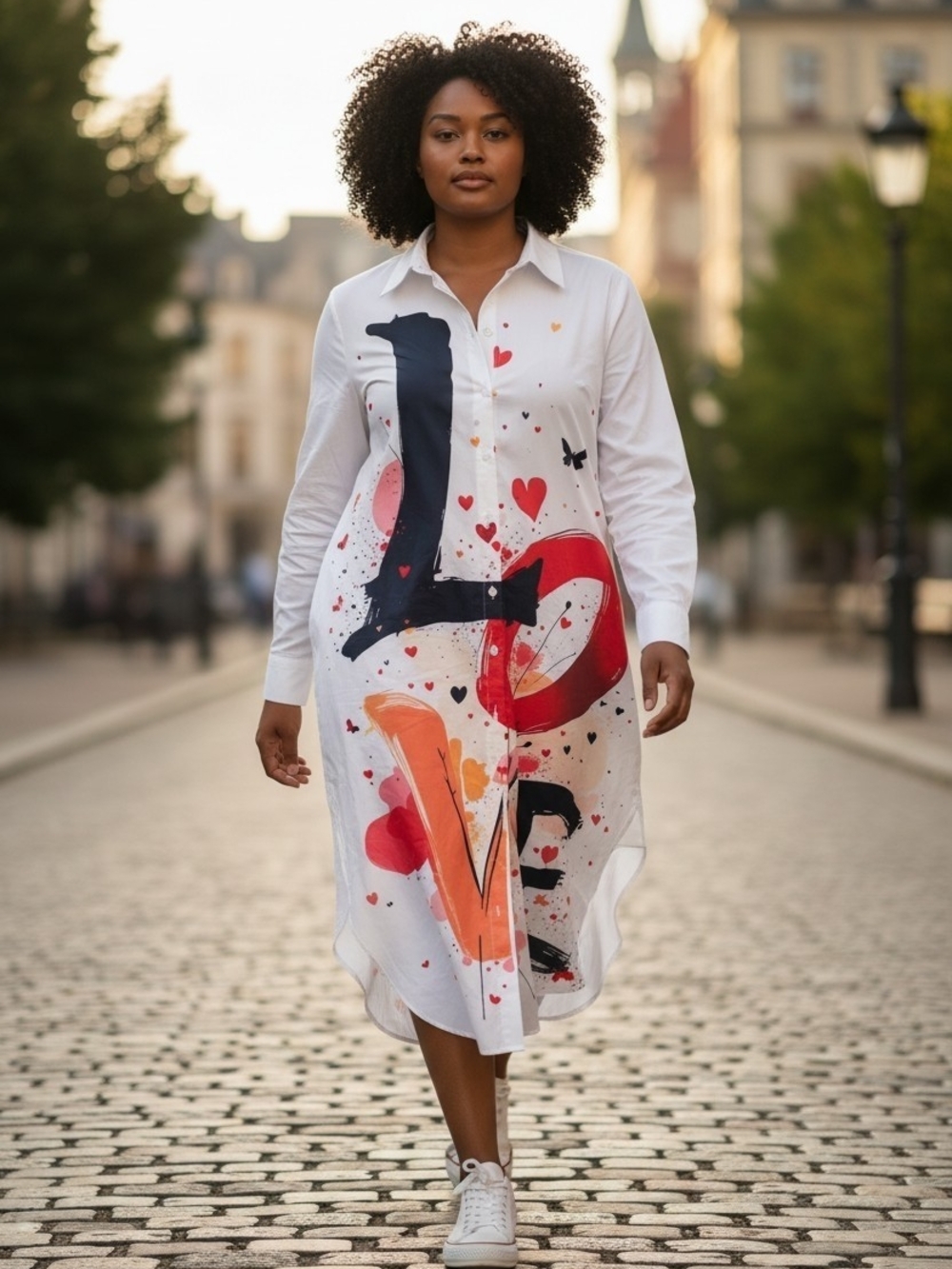 Women's Long Sleeve Shirt Dress with Love Graphic - White/Red